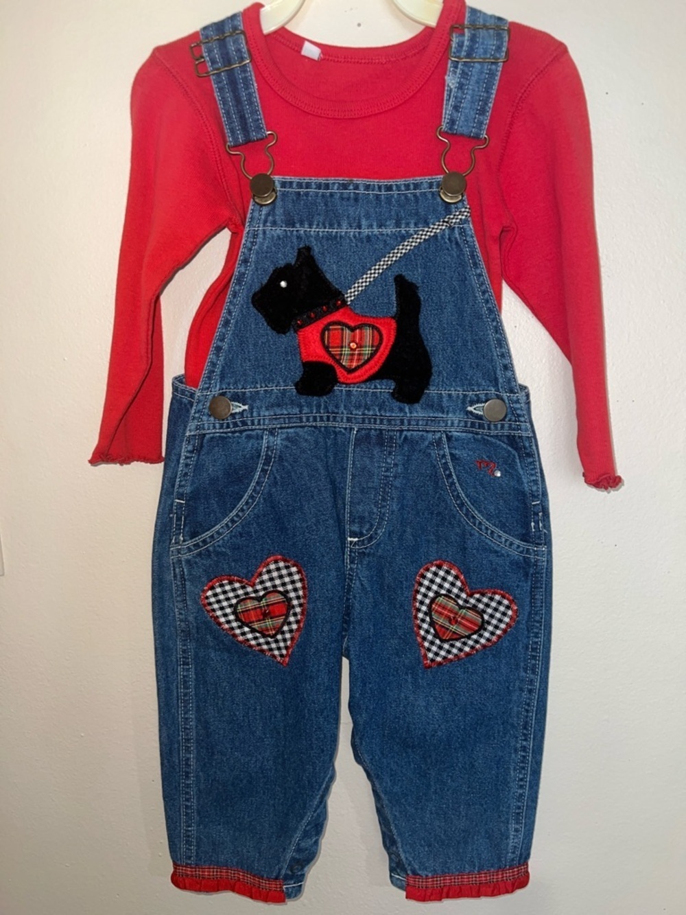 VTG 1990's Kids Denim Overalls Scottie Dog Heart Detail Old Store Stock